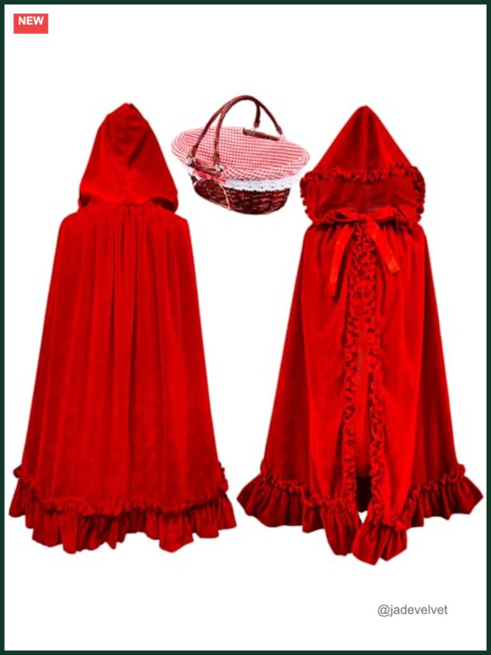 Red Velvet Hooded Cape with Wicker Basket Costume Set